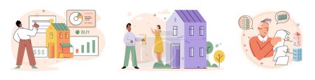 Illustration for Buying and choosing housing. Vector illustration The buyer made informed decision based on investment potential The purchase residential property was significant milestone The business expanded - Royalty Free Image