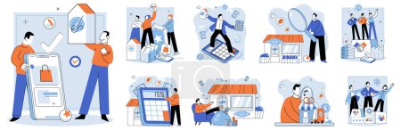 Illustration for Family business. Vector illustration. Shopping is fundamental activity for consumers in retail environments E commerce has revolutionized way businesses operate and connect with customers Service - Royalty Free Image
