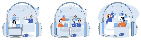 Illustration for Call center hotline. Vector illustration. IT support is readily available through call center hotline for all technical issues Technology plays crucial role in functioning call center hotline - Royalty Free Image