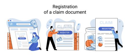 Illustration for Claim vector illustration. Complete claim form for insurance, turning paperwork into personalized deal Navigate paperwork landscape with ease, turning your claim into financial project Transform - Royalty Free Image