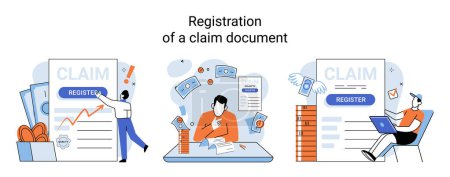 Illustration for Claim vector illustration. Simplify claim process with organized financial schedule and clear paperwork Turn claim document into financial guide, leading you to compensation success Organize - Royalty Free Image