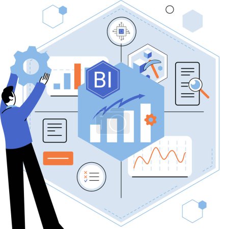 Illustration for Business intelligence. Vector illustration Development is essential for adapting to changing market dynamics Graphs help in visualizing datrelationships and performance Infographics simplify complex - Royalty Free Image
