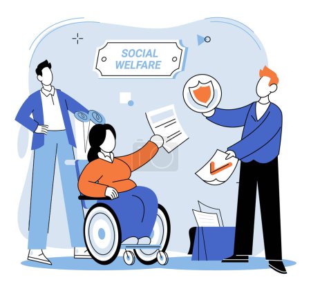 Illustration for Social welfare. Vector illustration. Wellbeing is enhanced through participation in charitable endeavors and social welfare programs Happiness can be fostered through altruistic acts and contributions - Royalty Free Image