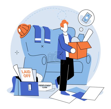 Illustration for Unemployment. Vector illustration. Unemployment rates provide insight into state economy Layoffs during crisis can create sense panic and instability Stagnation in job market contributes to feeling - Royalty Free Image