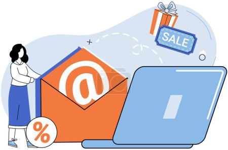 Illustration for Email marketing vector illustration. Newsletter subscriptions provide valuable channel for disseminating news and updates Crafting persuasive messages is crucial for driving engagement and conversions - Royalty Free Image