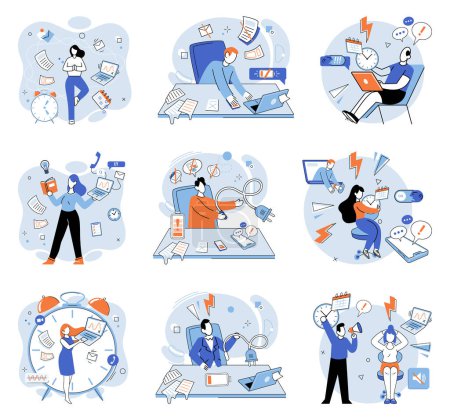 Illustration for Busy employee vector illustration. In corporate setting, completing tasks on time is essential for success Managing busy career can contribute to feelings anxiety and stress Serious and stressful - Royalty Free Image