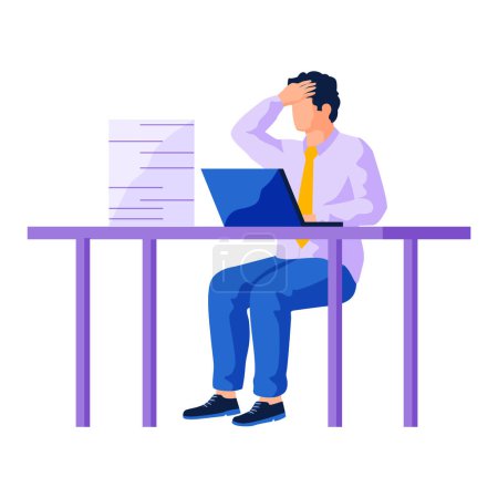 Illustration for Lot of work, shocked man sitting at table with computer and stack of documents. Information overload or job burnout with stress and chaos. Busy businessman with panic about many duties and tasks - Royalty Free Image