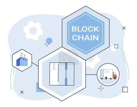Ilustración de Blockchain ilustración de vectores de la industria. En el ámbito digital, la red blockchains conecta industrias a través de hilos criptográficos Las cosas de Internet IoT y blockchain bailan en ballet descentralizado - Imagen libre de derechos