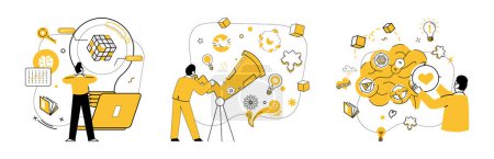 Illustration for Business thinking vector illustration. Business thinking metaphorically dances with creativity in ballet innovation Intelligence and analysis are guiding stars in galaxy business thinking - Royalty Free Image