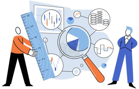 Illustration for Key metrics. Vector illustration. Key metrics help evaluate efficiency marketing campaigns Success in finance depends on analyzing financial metrics and making data-driven decisions Statistics play - Royalty Free Image