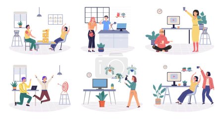Illustration for Office playing vector illustration. Playing in workplace c enhance employee satisfaction and foster positive work culture Employment in company provides opportunities for both professional growth - Royalty Free Image