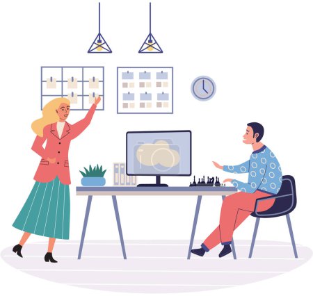 Illustration for Office playing vector illustration. Finding amusement in office activities c foster positive and energized work environment Engaging in pastime activities during breaks c contribute to happy - Royalty Free Image