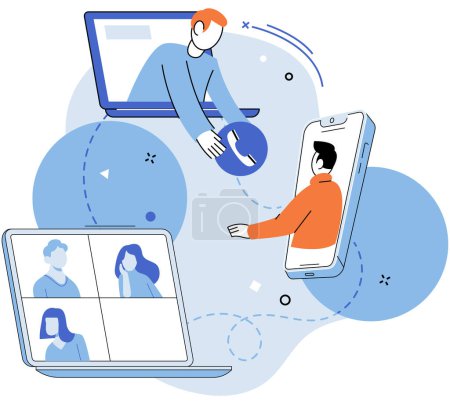 Illustration for Online team vector illustration. The online community thrived through active participation and engagement The remote meeting fostered sense connection and camaraderie The online team utilized digital - Royalty Free Image