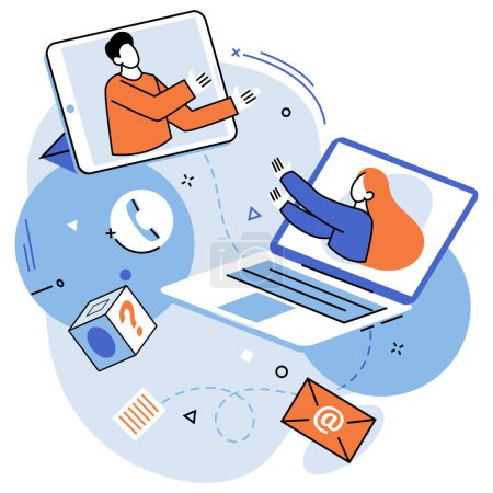 Illustration for Online team vector illustration. The success project relied on seamless teamwork and communication The online meeting allowed team members to connect and discuss important matters Technology served - Royalty Free Image