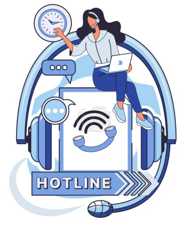 Illustration for Hotline vector illustration. Assistance is just call away with our 24 7 helpline for any business challenge Our professional helpdesk ensures smooth communication for all your business - Royalty Free Image