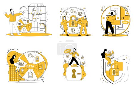 Illustration for Data management vector illustration. Data security is fortress protecting valuable assets within database Big data is raw material awaiting sculptors touch in realm analytics In landscape information - Royalty Free Image