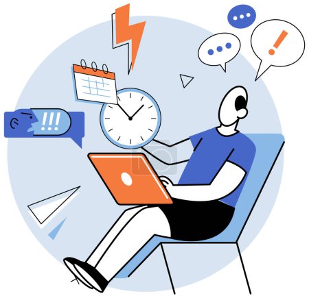 Illustration for Busy employee vector illustration. Developing time management skills is essential for busy employee to stay organized The skillful employee manages multiple tasks without feeling overwhelmed - Royalty Free Image