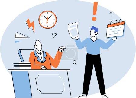 Illustration for Busy employee vector illustration. Being workaholic, employee finds it challenging to switch off from work The busy employee metaphor symbolizes constant hustle and dedication required in certain - Royalty Free Image