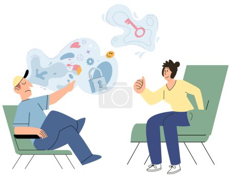 Illustration for Psychoanalysis vector illustration. Identity and character development are important aspects mental health and personal growth Mental health encompasses various lifestyles and approaches to overall - Royalty Free Image