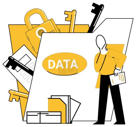 Illustration for Data management vector illustration. Finance and economy find harmony in symphony conducted by data analytics Management charts course to success with aid insights from data analytics - Royalty Free Image