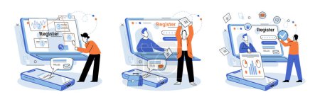 Illustration for Registration online. Vector illustration. Online registration is convenient way to sign up for services or events Registering online ensures secure and efficient process Technology plays crucial role - Royalty Free Image
