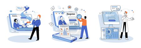 Illustration for Registration online. Vector illustration. Login credentials provide secure access to registered accounts Safety precautions should be taken during online registration to protect personal information - Royalty Free Image