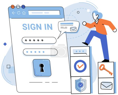 Illustration for Login password vector illustration. To register, users must complete online registration form with accurate information The login password metaphor emphasizes importance safeguarding personal - Royalty Free Image