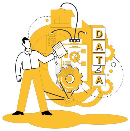 Illustration for Data mining vector illustration. Analysis is key to finding hidden gems in vast landscape data and discovery Computing power becomes magic wand in hands data mining professionals Datacenters - Royalty Free Image