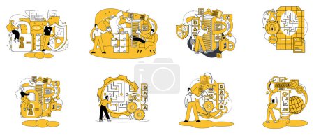 Illustration for Data mining vector illustration. Service in cyberspace unfolds like tapestry under meticulous care data mining experts Algorithms are sculptors shaping raw data into meaningful patterns innovation - Royalty Free Image