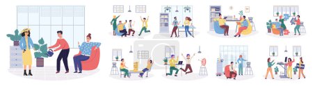 Illustration for Office rest vector illustration. Engaging in recreational activities during office rest breaks enhances employee morale and happiness The office can be place tranquility and amusement, providing break - Royalty Free Image