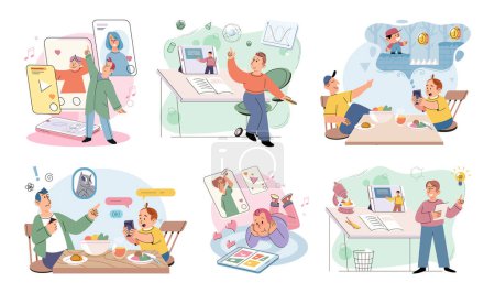 Illustration for Kids with phone. Vector illustration. The metaphor kids with phones represents integration technology into their lives Electronic gadgets and digital devices have become essential tools for kids - Royalty Free Image