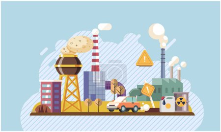 Illustration for Industrial pollution. Dirty waste. Environmental pollution. Vector illustration. Smokes with smog are causing rise in lung diseases Trash emission must be controlled with better recycling methods - Royalty Free Image