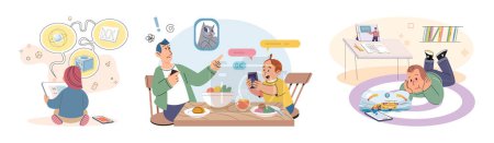 Illustration for Kids with phone. Vector illustration. The use digital devices, including smartphones, shapes kids learning experiences Kids attachment to their phones raises concerns about their offline interactions - Royalty Free Image