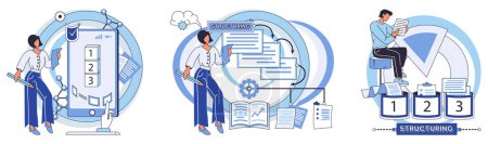 Illustration for Workflow vector illustration. Multitasking is skill contributes to efficient work organization Strategic development requires effective brainstorming and workflow analysis Progress in business - Royalty Free Image