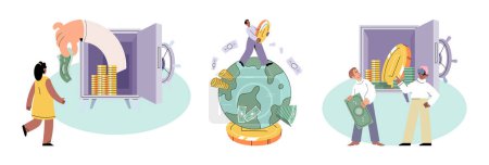 Global economy vector illustration. The global economy, vast web interconnected businesses, propels world forward Success in global finance hinges on savvy investment strategies and technological
