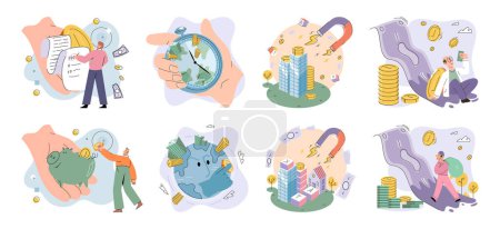 Illustration for Global economy vector illustration. Continuous improvement strategies drive success in ever-evolving realm global economy The world undergoes transformative development in interconnected tapestry - Royalty Free Image