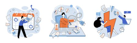 Illustration for Stress at work vector illustration. The fear failure and constant pressure can increase stress levels and hinder professional success Engaging in overtime work without proper rest can exacerbate - Royalty Free Image