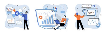 Illustration for Data analysis. Vector illustration. Statistics play vital role in data analysis, providing quantitative measures and insights The stock market heavily relies on data analysis to inform investment - Royalty Free Image
