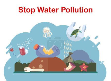 Water pollution. Vector illustration. Water pollution poses significant threat to health aquatic ecosystems The field ecology focuses on study interactions between organisms and their environment Stickers 706213418