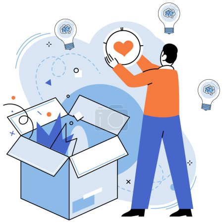 Illustration for Out of the box idea vector illustration. The out-of-the-box idea metaphor illuminates path to success Progress is result out-of-the-box thinking in development phase Learning is fuel powers engine - Royalty Free Image