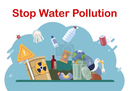Water pollution. Vector illustration. The preservation environment is crucial for maintaining balance ecosystems Landfills are major source pollution and can contaminate nearby water sources