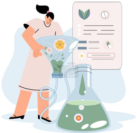 Illustration for Natural medicine concept with pharmacist examines plants in test tubes. Scientist preparing herbal remedy to patient. Doctor develops ayurvedic homeopathic drugs of plants and herbal Ingredients - Royalty Free Image