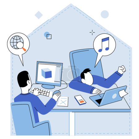 Illustration for Computer lab. Vector illustration. The computer lab concept encourages collaboration and knowledge sharing among students Technological innovations drive progress competitiveness - Royalty Free Image