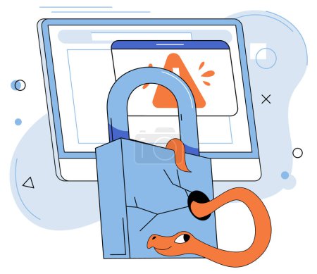 Illustration for Cybersecurity and information or network protection. Future cyber technology web services for business and internet project. Safe your data, secure access. Computer worm virus enters padlock - Royalty Free Image