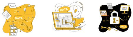 Illustration for Data security vector illustration. Data security acts as insurance policy for privacy sensitive data In digital landscape, data protection is guardian business trust The fortress data security - Royalty Free Image