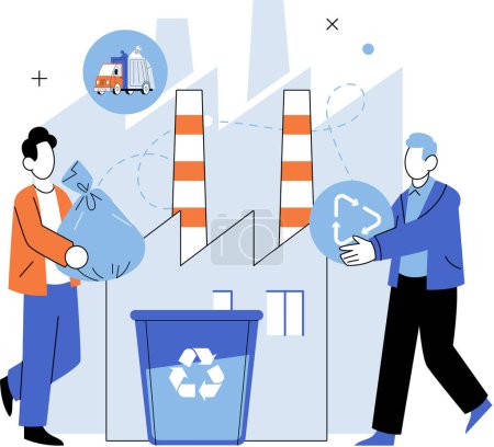 Abfallwirtschaft. Vektorillustration. Das ökologische Bewusstsein veranlasst uns, unsere Abfallbewirtschaftungsgewohnheiten zu überdenken. Schrottmaterialien können durch Recyclinginitiativen neues Leben finden.