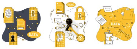 Illustration for Data security vector illustration. Trust in business transactions is fruit robust data protection Data security acts as shield, repelling cyber threats in digital realm The insurance data protection - Royalty Free Image