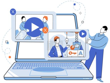 Illustration for Video marketing vector illustration. The internet provides vast cyberspace where video marketing campaigns can connect with global viewers Social media platforms play crucial role in disseminating - Royalty Free Image