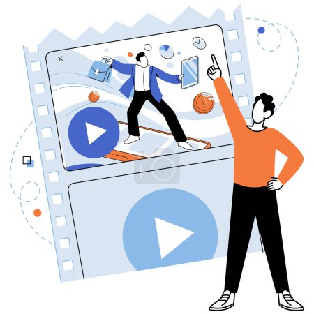 Illustration for Video marketing vector illustration. Video marketing is valuable tool for driving business growth and achieving commercial success The media landscape has evolved with rise video marketing - Royalty Free Image