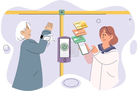 Cashless payment. Vector illustration. Mobile cashless payments offer convenience for splitting bills or making peer-to-peer transfers Online payment platforms often offer buyer protection and dispute